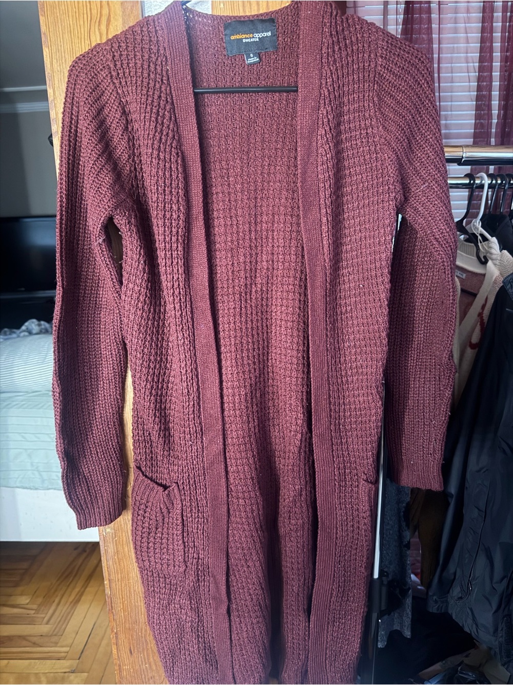 Long Open-Front Women's Cardigan Sweater - Burgundy